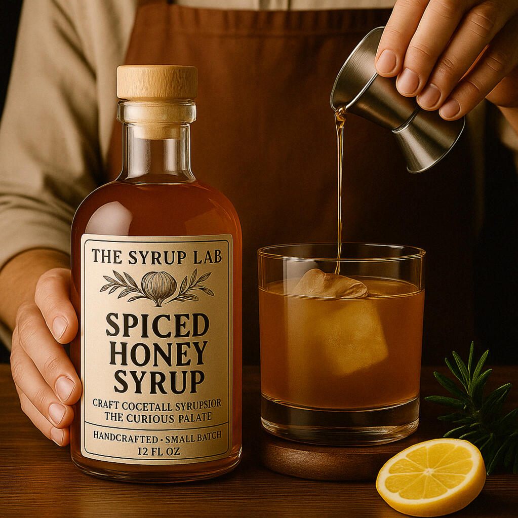 A bottle of The Syrup Lab's Spiced Honey Syrup beside a cocktail being mixed with a bartender pouring a jigger into a glass of ice.