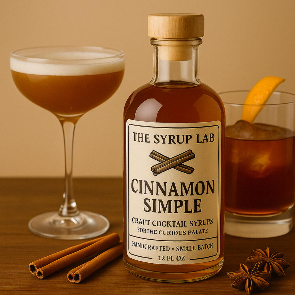 A bottle of The Syrup Lab’s Cinnamon Simple Syrup displayed with assorted cocktail glasses, cinnamon sticks, citrus slices, and aromatic spices on a wooden surface. of ice.